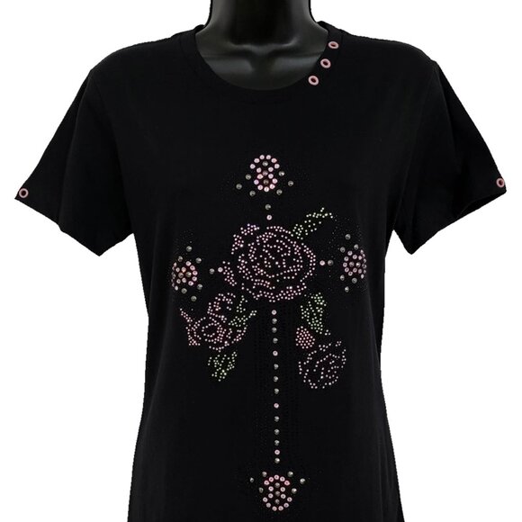 Rose Cross Women's Black Crew T-shirt - Picture 2 of 7